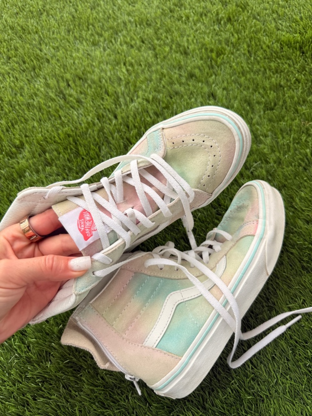 Kids size 2.5 Vans High Top Sneakers - Pastel Mint, Pink & Cream